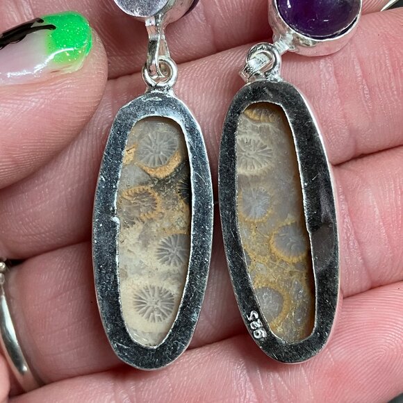 Amethyst and Coral Fossil Earrings Stone Crystal Jewelry - IMPERFECT DISCOUNT - Picture 8 of 8
